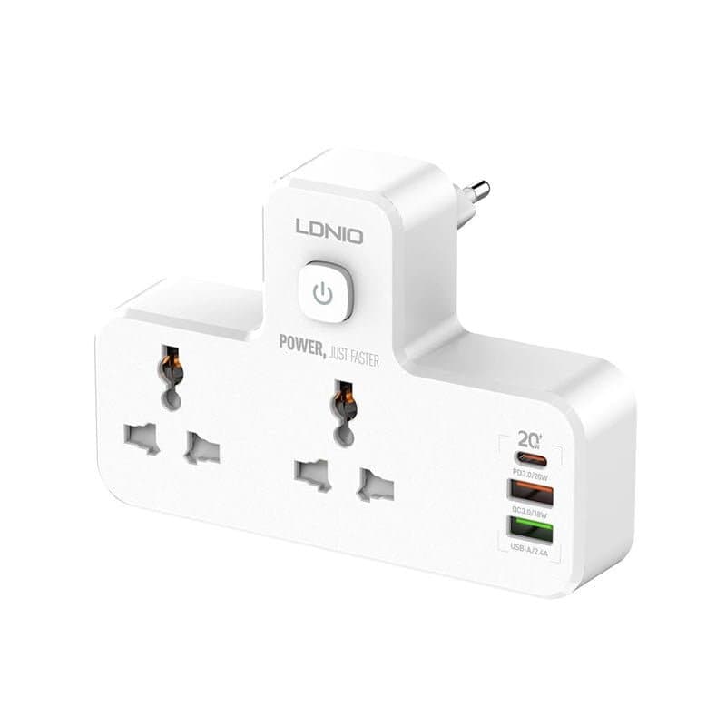 LDNIO Wall Power with 2 Power Sockets and 3 20W Fast Charging Ports ( 2 USB - 1 Type-C )