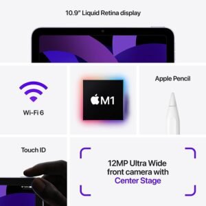 ايباد اير 2022 بشاشة 10.9 بوصة من Apple، (يدعم الواي الفاي، ذاكرة 64 او 256 جيجابايت)، (الجيل الخامس)، بلوتوث ، لون رمادي داكن - الصورة 5